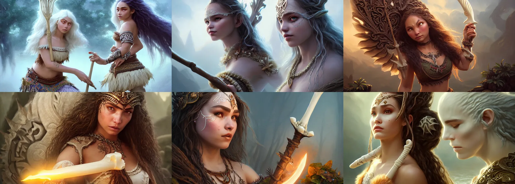 Prompt: ultrarealistic fantasy portrait mage moana fighting, long ivory hair ivory eyes wearing ivory carved bone mantle gothic ivory bone cloak with intricate details, bone plants, fantasy character octane render, substance painter, cinematic lighting, volumetric lighting, artstation, dnd art, cgsociety, sharp focus, digital painting by artgerm, gerald brom, wlop