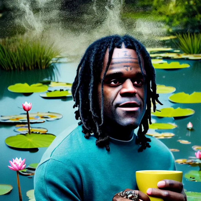 Image similar to Kodak Portra 400, 8K, soft light, volumetric lighting, highly detailed, britt marling style 3/4 ,portrait photo of chief keef holding a cup of lean and a blunt, the face emerges from the water of a pond with water lilies, inspired by Ophelia paint , a beautiful scenery with highly detailed realistic weed smoke , Realistic, Refined, Highly Detailed, natural outdoor soft pastel lighting colors scheme, outdoor fine art photography, Hyper realistic, photo realistic