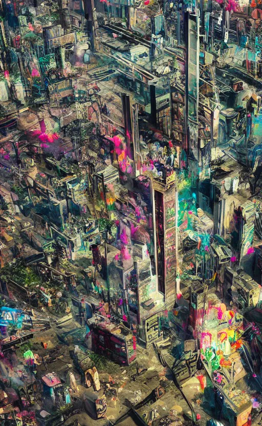 Image similar to award winning Photography of a decaying city in the sky, cyberpunk, midsommar, full of color,
