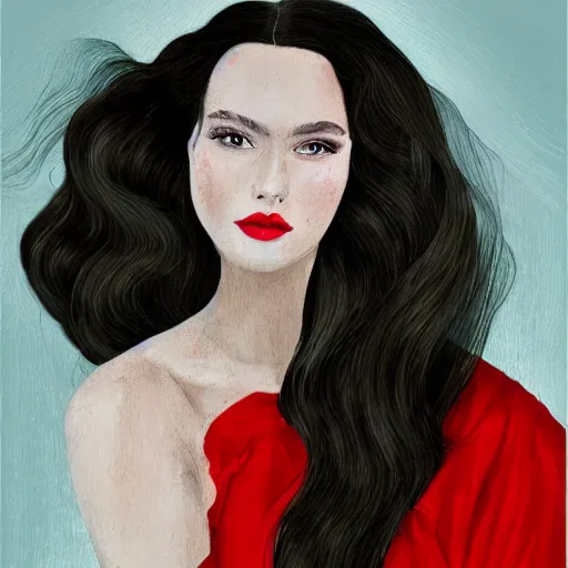 Image similar to an exquisite portrait illustration, a woman with long hair and red dress, white and flawless skin, heavy makeup, thick paint, brush strokes, white background