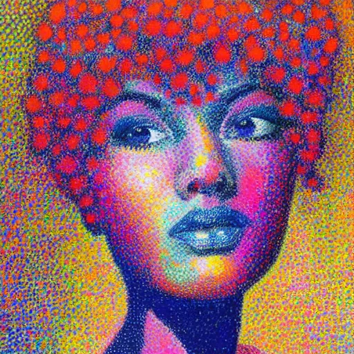 Prompt: an abstract portrait of a woman, pointillism, big brushstrokes, vivid colours, it is a very beautiful painting