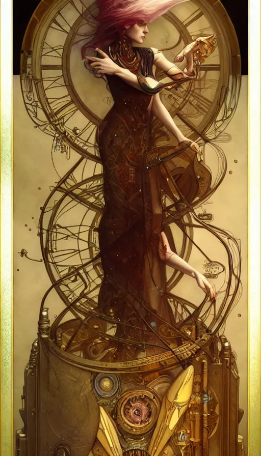 Image similar to timemachine schematics painted by tom bagshaw, mobius, mucha M. C. Escher, gold paint, ink, gnarly details