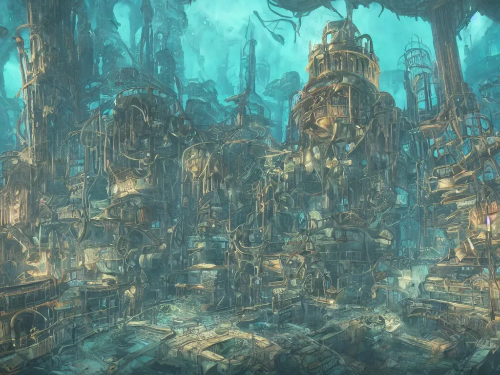 Prompt: decaying underwater city from bioshock, concept art, oil painting, art deco architecture