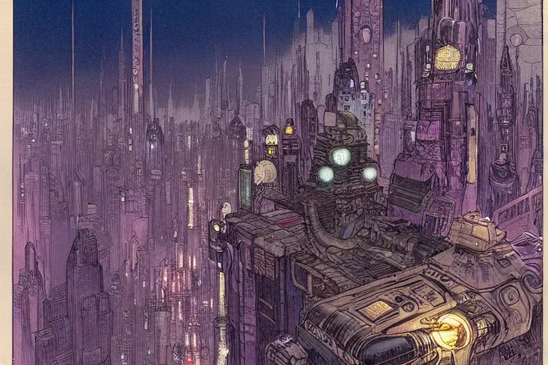 Prompt: fantasy illustration, Night City on Coruscant by m w kaluta