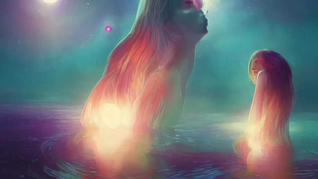 Image similar to a beautiful whimsical woman standing in a lake basking in the moonlight, underneath a multi-colored binary blackhole with an accretion disc, timelapse, by Lois van Baarle, by Greg Rutkowski, by artgerm, by beeple, cinematic angle, volumetric lighting, 4k resolution, octane render, trending on artstation, masterpiece