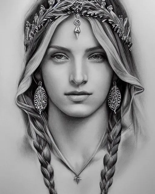 Prompt: long shot realism pencil drawing of a beautiful greek goddess aphrodite wearing a laurel wreath and arrowhead earrings, beautiful confident eyes, beautiful flowing hair, hyper realistic face, in the style of artgerm, fantasy, amazing detail, epic, elegant, smooth, sharp focus, from the front
