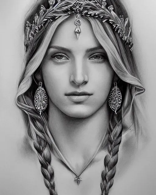 Image similar to long shot realism pencil drawing of a beautiful greek goddess aphrodite wearing a laurel wreath and arrowhead earrings, beautiful confident eyes, beautiful flowing hair, hyper realistic face, in the style of artgerm, fantasy, amazing detail, epic, elegant, smooth, sharp focus, from the front