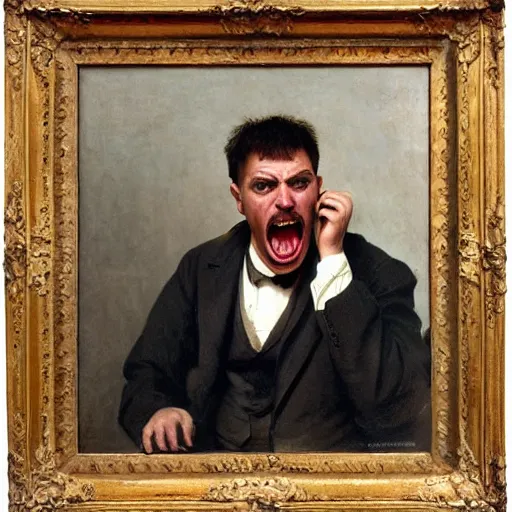 Prompt: an angry man yells at his computer monitor, oil on canvas, 1 8 8 3, highly detailed, high resolution