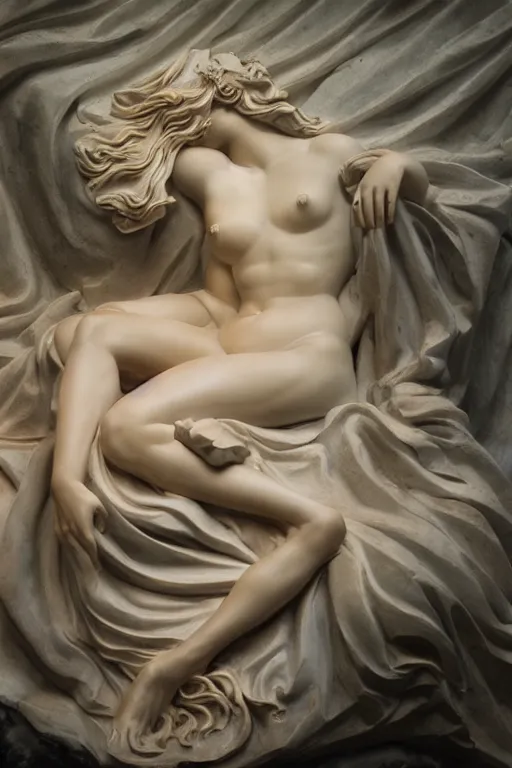 Image similar to Marble Sculpture of Aphrodite lying on a silk cloth, fog, volumetric lighting, inspired by The Birth of Venus by Sandro Botticelli, trending on artstation.