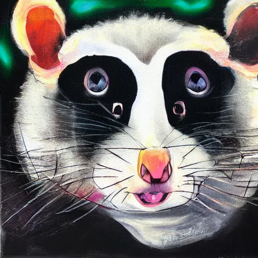 Image similar to danny devito in the form of a possum scaring away cats abstract painting