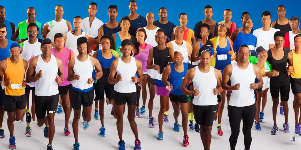 Image similar to Studio Photograph of starting line of many diverse marathon runners. multiple skintones. Warm atmosphere. Beige and black. Frontal. Shot on 30mm Lens. Advertising Campaign. Wide shot. Studio lighting. White background.