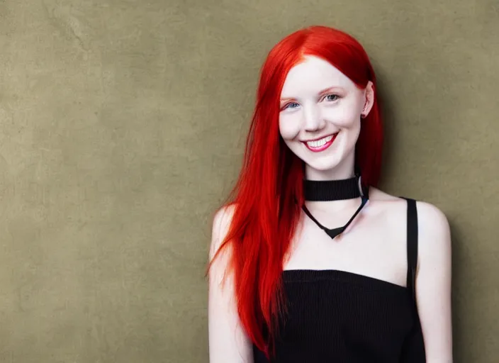 Prompt: portrait of a red haired girl with a choker necklace, and a beautiful smile