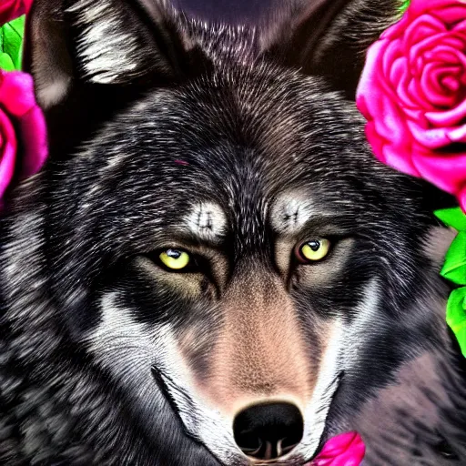 Image similar to beautiful photo of dark black wolf with slightly glowing green eyes, rose in mouth, 4 k, detailed, realistic, front page of art station, studio lighting, rim lighting