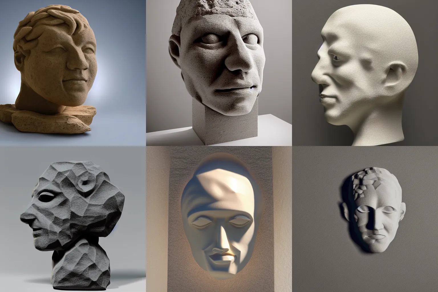 Prompt: hand-made 4D stone sculpture of a human head, abstract, dynamic light