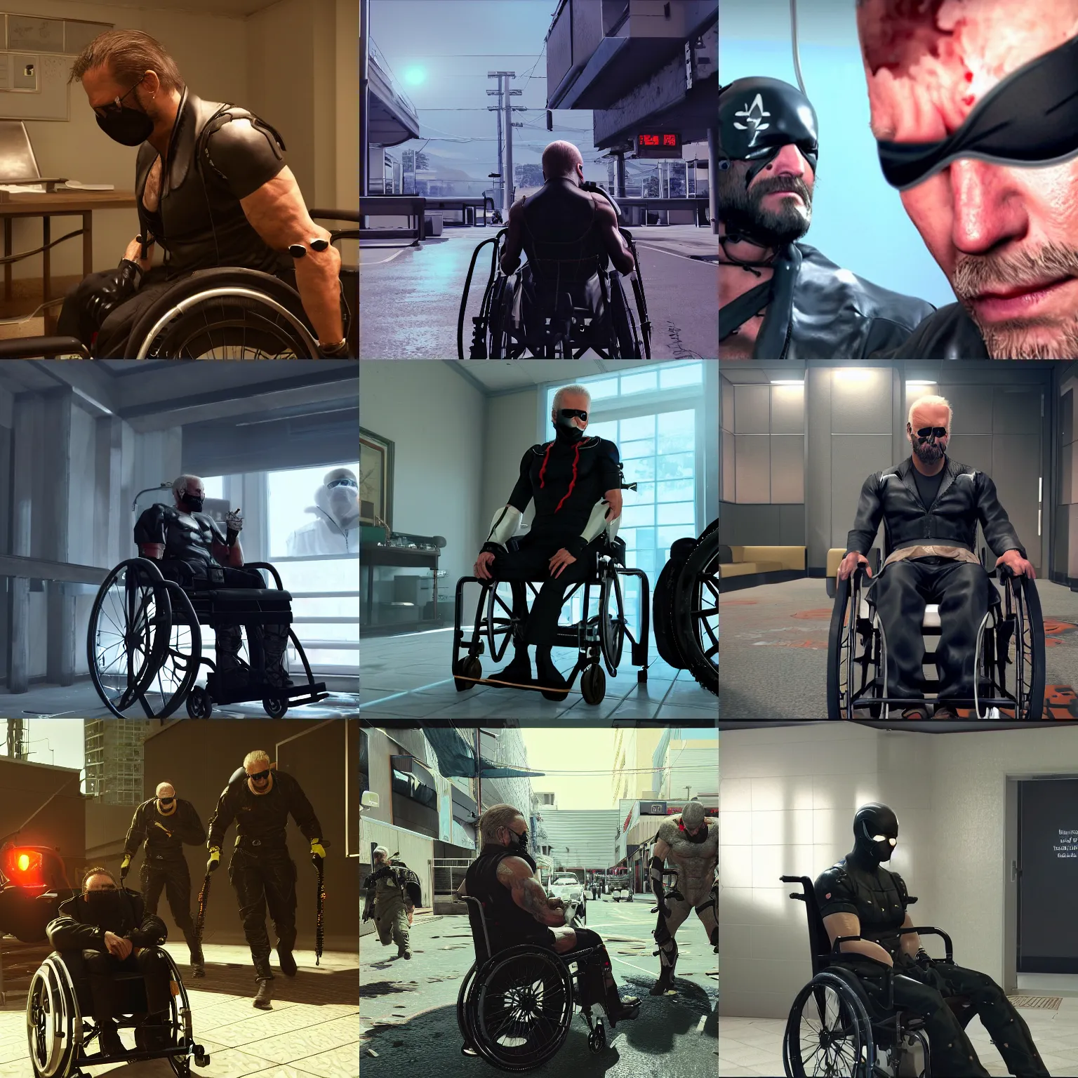 Prompt: MGSV Punished Venom Joe Biden (wearing black eye patch with black spike above right eye) in a nursing home wheelchair by Hideo Kojima, Unreal Engine, trending ArtStation