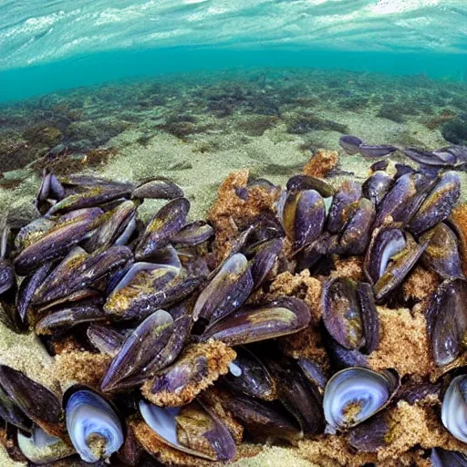 Prompt: horse mussel reef