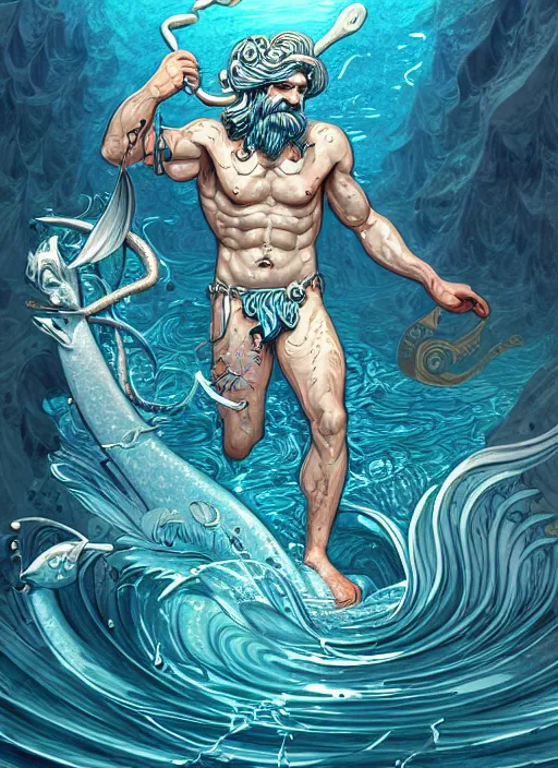 Prompt: an illustration of poseidon, fantasy, highly detailed, digital painting, refreshing, trending on artstation, concept art, smooth, illustration by james jean