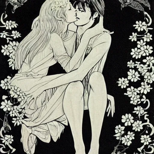 Image similar to 1 9 6 0 s drawingsymmetrical pretty elegant brigitte bardot as a vampire kissing alain delon, very detailed intricate intaglio, style of takato yamamoto, lots of flowers