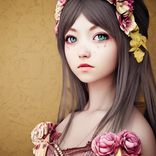 Prompt: highly detailed 3D render portrait young lady dressed in manga, floral renaissance dress