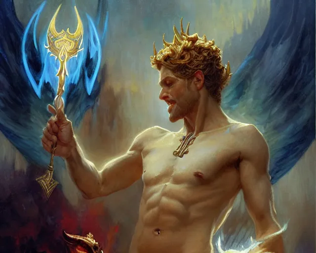 Image similar to attractive male deity, casting demonic magic, summoning handsome lucifer morning star. highly detailed painting by gaston bussiere, craig mullins, j. c. leyendecker 8 k