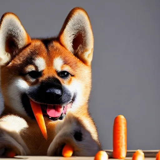 Image similar to a shiba inu eating a carrot, high quality, high resolution