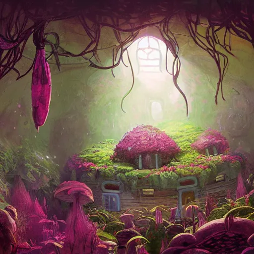 Prompt: concept art painting of a interior of a fungal cozy alien fantasy fairytale house, with black vines and magenta plants, realistic, detailed, cel shaded, dark, in the style of makoto shinkai and greg rutkowski and james gurney