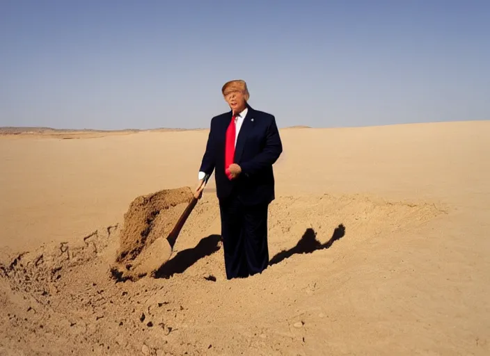 Prompt: obese donald trump digging a hole in the desert