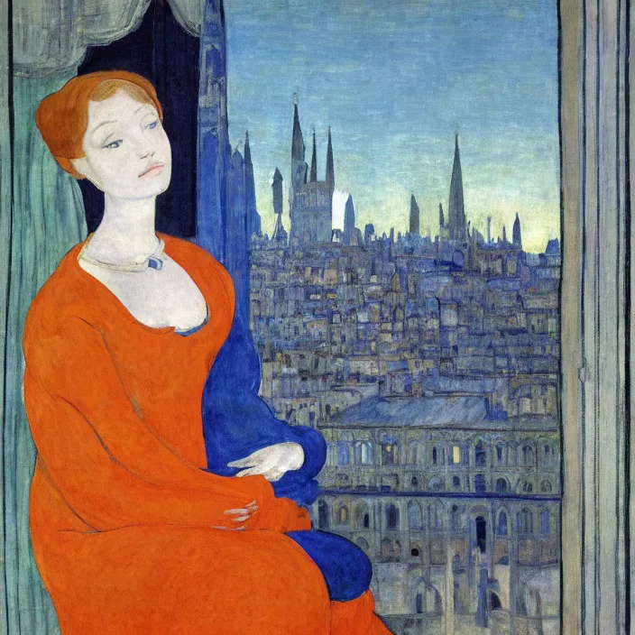 Prompt: portrait of woman in night gown with cat with city with gothic cathedral seen from a window frame with curtains. lapis - lazuli, malacchite, turquoise, indigo. piero della francesca, bonnard, henri de toulouse - lautrec, utamaro, matisse, monet, audubon