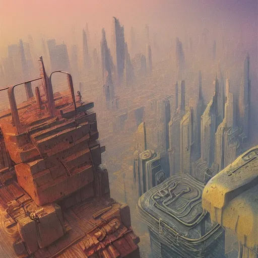 Image similar to feeling small in the neon city, planet mars. art by zdzislaw beksinski and tyler edlin, muted colors, pastel, detailed, great composition, artstation