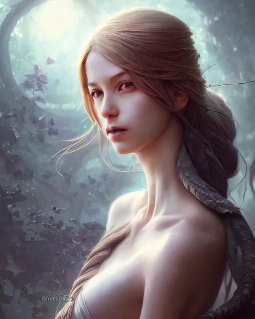 Prompt: a ( ( girl as personification of intellect ) ), silk, leaves, beauty, fantasy, digital painting by krenz cush art, greg rutkowski, artgerm, laurie greasly, wlop, intricate, highly detailed!!, sharp focus, smooth, epic composition, unreal engine, masterpiece, 8 k, interesting background