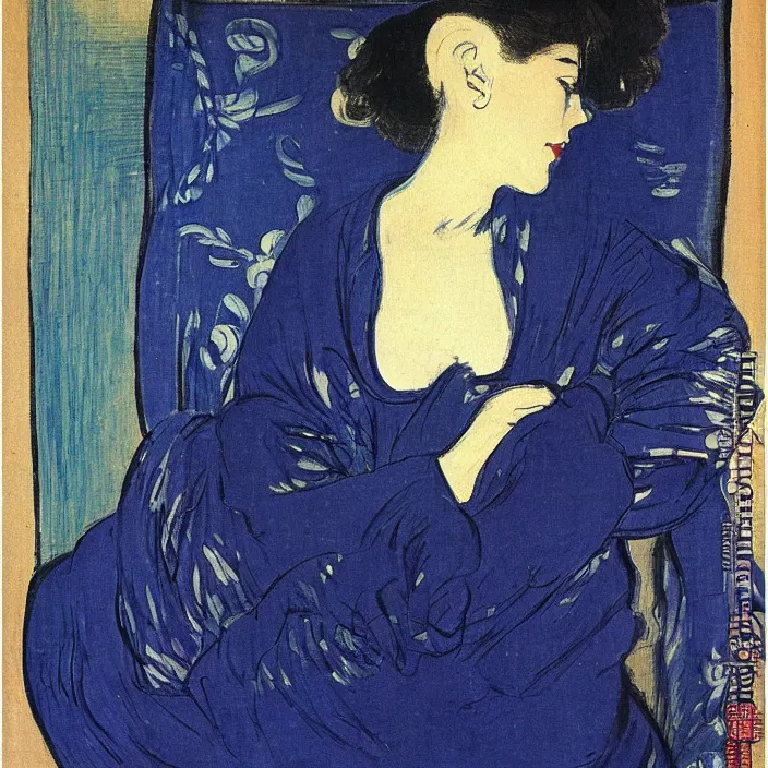 Prompt: woman with painted vase. deep dark indigo blue. henri de toulouse - lautrec, utamaro, matisse