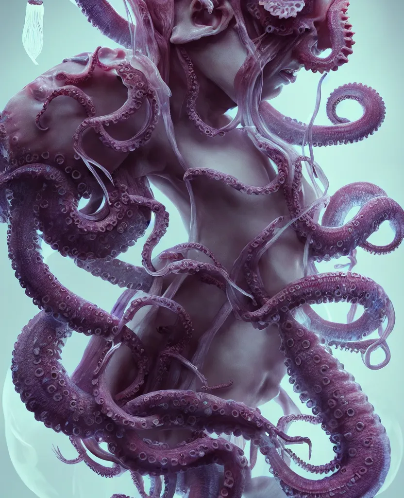 Image similar to goddess close - up portrait human skeleton, ram skull, octopus, jellyfish, orchid, betta fish, bioluminiscent, intricate artwork by tooth wu and wlop and beeple. octane render, trending on artstation, greg rutkowski very coherent symmetrical artwork. cinematic, hyper realism, high detail, octane render, 8 k