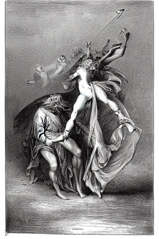 Image similar to A maiden dancing with the devil in the style of Gustave Dore