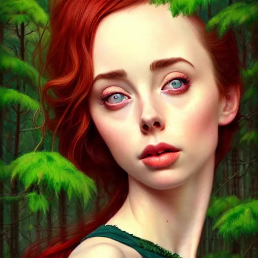 Prompt: gorgeous Kacey Rohl, realistic character concept, red hair, symmetrical face symmetrical eyes, green dress, forest, trees, shorter neck, illustration, cinematic lighting, artgerm, Tom Bagshaw, Norman Rockwell, insanely detailed and intricate, beautiful