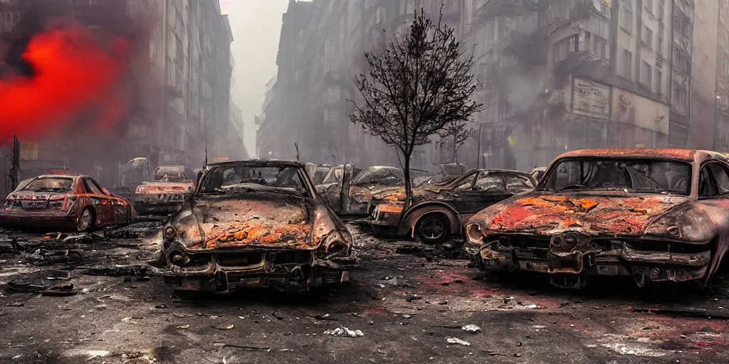 Image similar to post - apocalyptic kreuzberg streets covered in colorful smoke, burned cars, explosions, hyperrealistic, gritty, damaged, dark, urban photography, photorealistic, high details