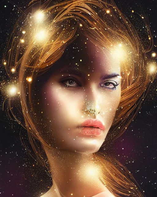 Prompt: Astrological double exposure woman portrait by artgerm and wlop, black gold sparkling painting