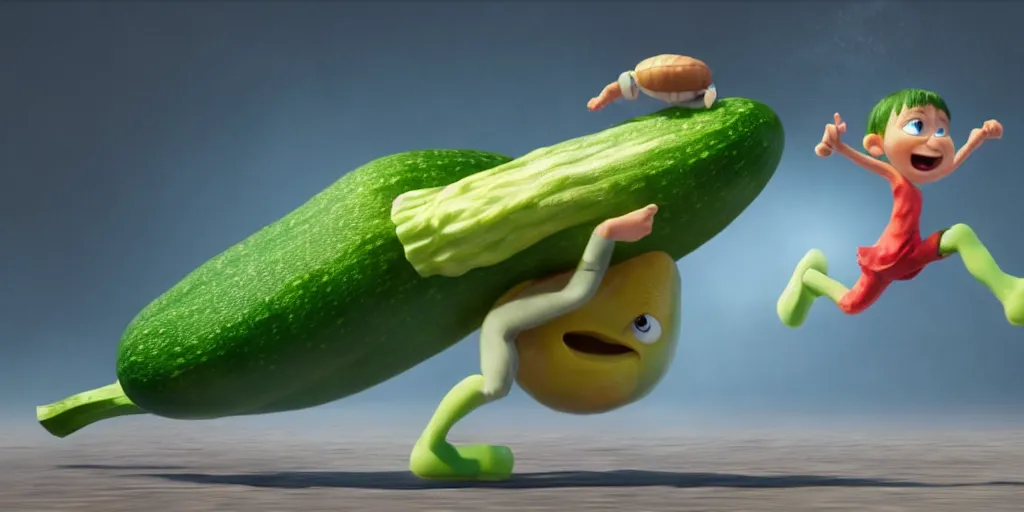 Prompt: detailed 3 d render of a zucchini character running after a tomato character, high speed chase, dramatic scene, hyper realistic octane render, cinematic lighting, deviantart, frame from pixar movie