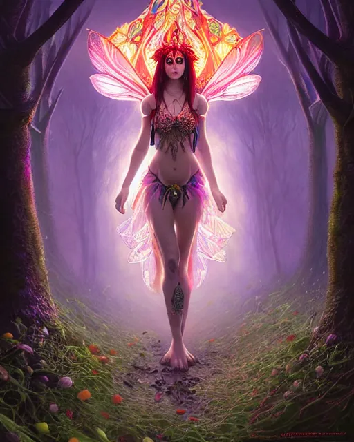 Image similar to stunningly beautiful female faerie priestess in amanita muscaria forest landscape, symmetrical wings on back, symmetrical face, neon hair, fantasy art, dark light night, sharp focus, digital painting, 4 k, concept art, art by wlop, artgerm, greg rutkowski and alphonse mucha