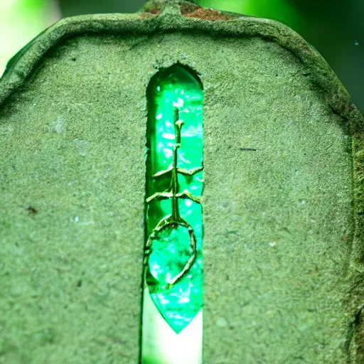 Image similar to side view of a beautiful abandoned tombstone with an embedded emerald laying on the ground, in a deep forest, overgrown foliage taking over it, close - up, 3 5 mm, biopunk, bokeh, beautiful, lens flare, emotional, detailed, picture, trending on artstation, award - winning, shiny, golden, octane render