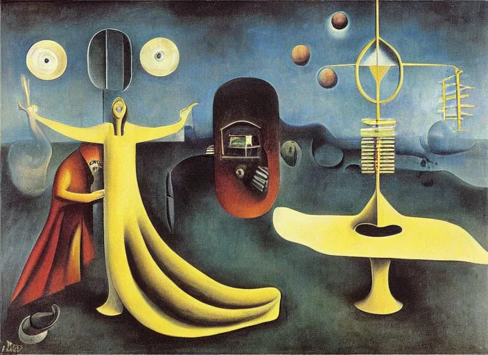 Image similar to singing strange machine by leonora carrington and rene magritte and salvadore dali
