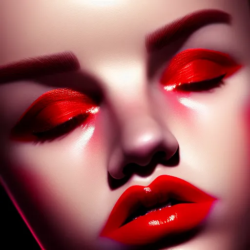 Image similar to hyperrealistic portrait of a women wearing thick red eyeliner with red lipstick, photorealistic, octane render, unreal engine, dynamic lighting, bet face, beautiful, wlop, cute, trending on artstation, fashion photography, volumetric lighting, very detailed faces, 4 k, award winning