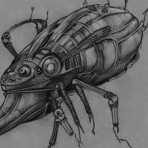 Image similar to drawing of a cyberpunk insectoid underwater alien and its minions, retro technology, leonardo da vinci style