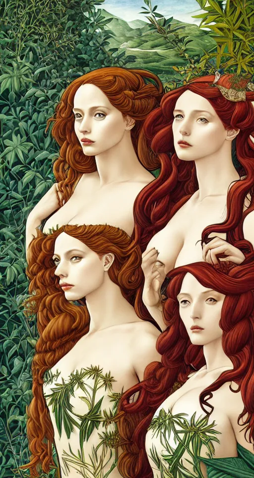 Prompt: three amazon queens, in a mixed style of Botticelli and Æon Flux, inspired by pre-raphaelite paintings and shoujo manga, surrounded by a misty jungle landscape, hyper detailed, stunning inking lines, flat colors, 4K photorealistic