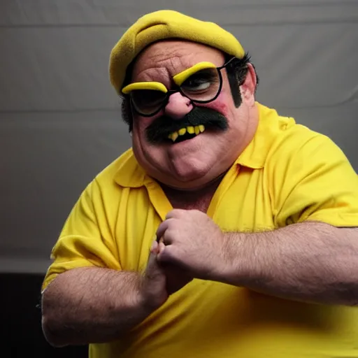 Prompt: Full-Cosplay Wario, played by Danny Devito, 2011 Comic-Con, blog-photo