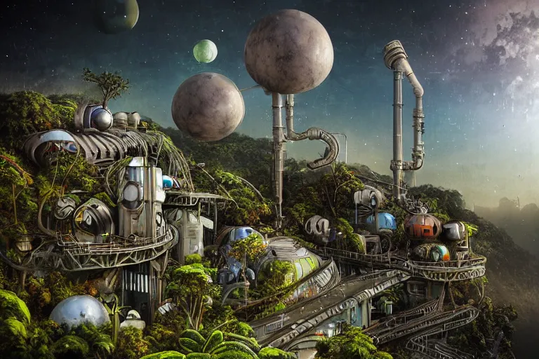 Image similar to sci - fi favela sculpture, art nouveau jungle environment, industrial factory, cliffs, gloomy, milky way, award winning art, epic dreamlike fantasy landscape, ultra realistic,