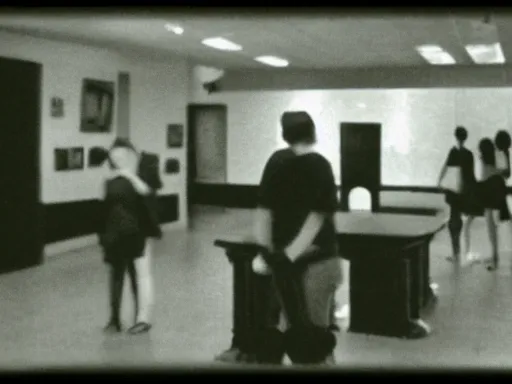 Image similar to a group of people staring at the viewer, blurred faces, night b&w, found footage, VHS, 240p