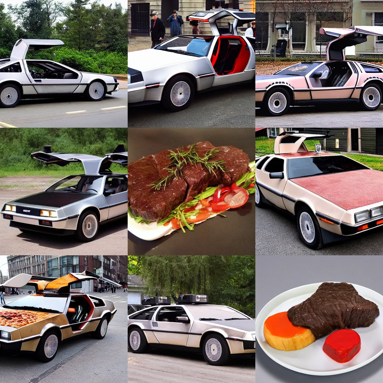 Prompt: beef in the shape of a delorean