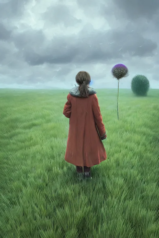 Prompt: portrait, enormous thistle flower as ahead, a girl wearing coat in a field, surreal photography, wind, cloudy sky, dramatic light, impressionist painting, digital painting, artstation, simon stalenhag