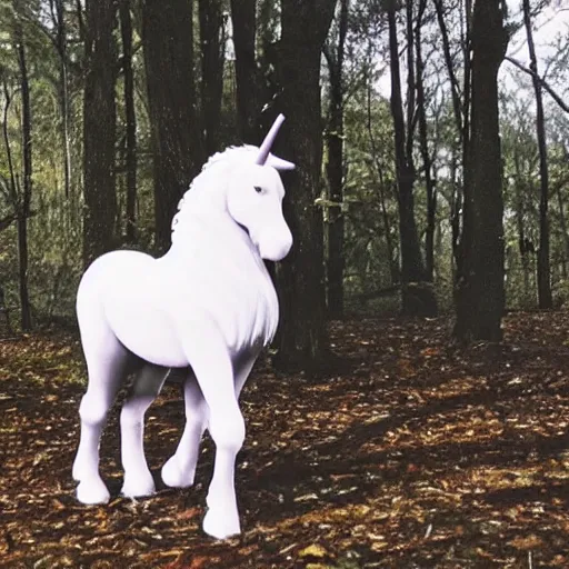 Prompt: security footage of a teenager with black curly hair on the woods riding a unicorn