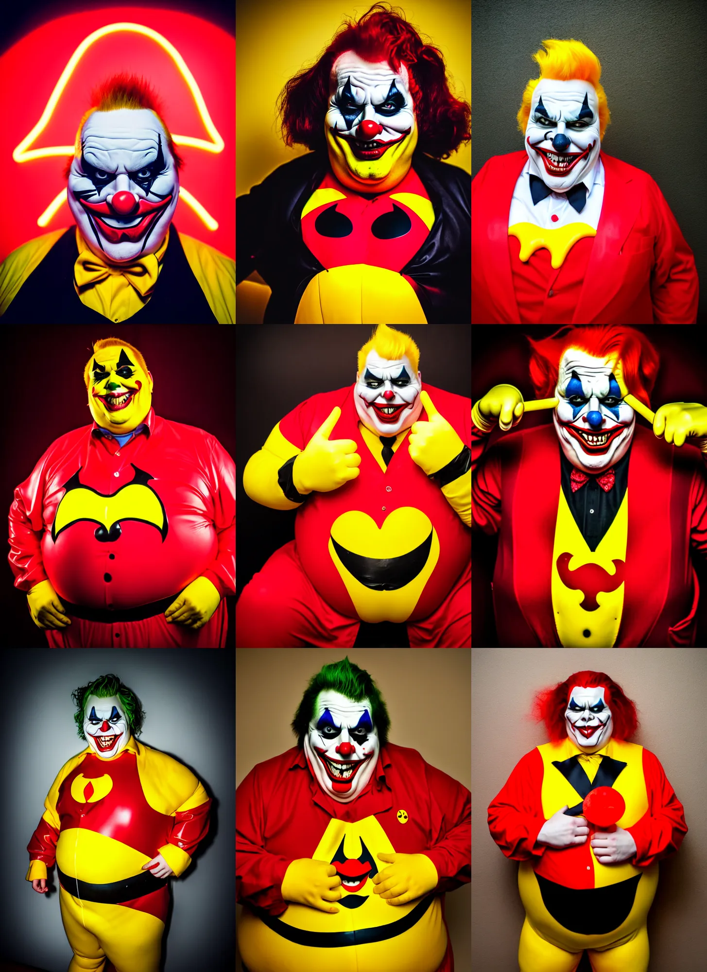 Prompt: wide angle lens portrait photography of a very fat sinister looking joker dressed in yellow and red rubber latex Ronald Macdonalds costume, red hair, a Macdonalds logo on his chest, lit by neon lighting